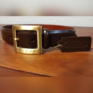 Coach Brown Leather Belt with Brass Logo Buckle